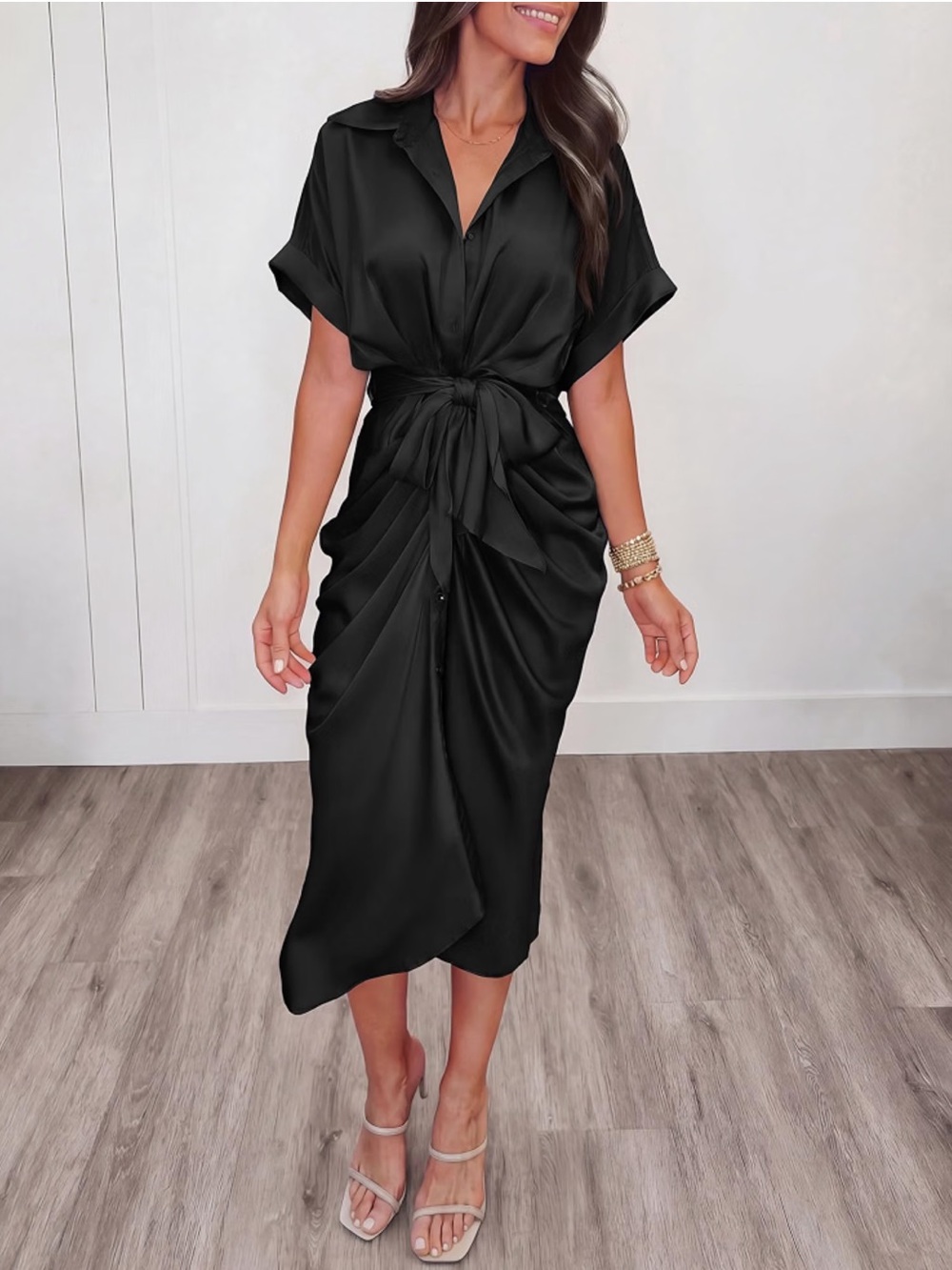 Black Tie-Waist Ruched Midi Dress - Elegant Women's Dress